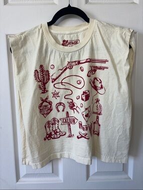 Cream Short Sleeve Graphic Tee with Red Western Print